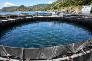 High-quality PVC pond liner installed at a Japanese yellowtail farm