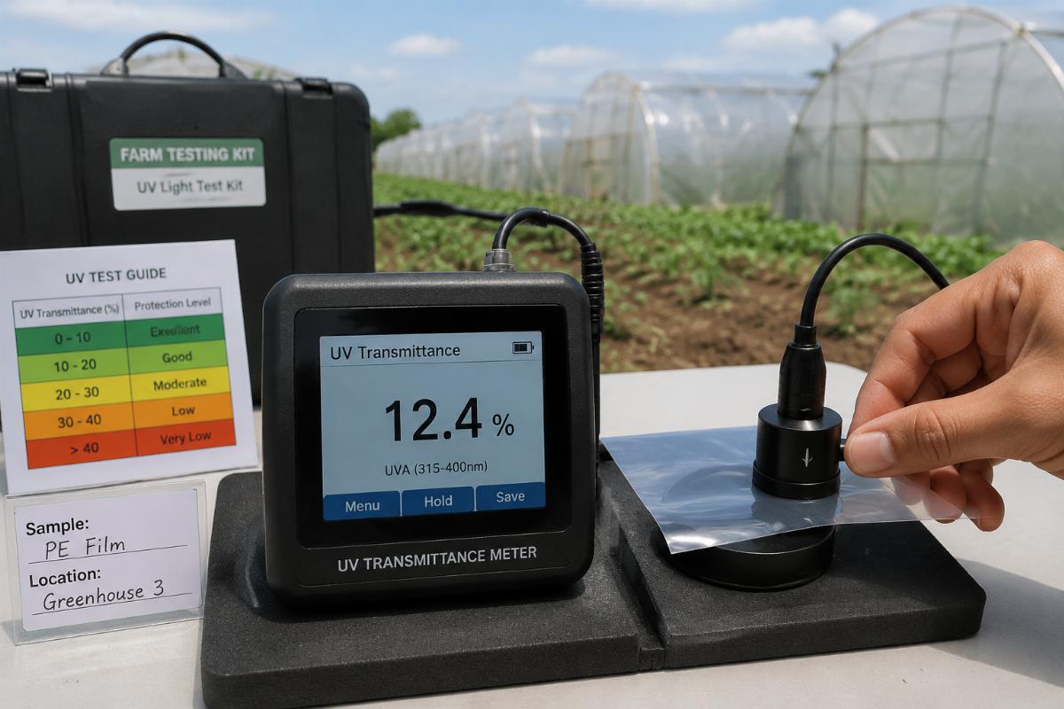 Measuring UV transmittance of a PE film sample in a farm testing kit