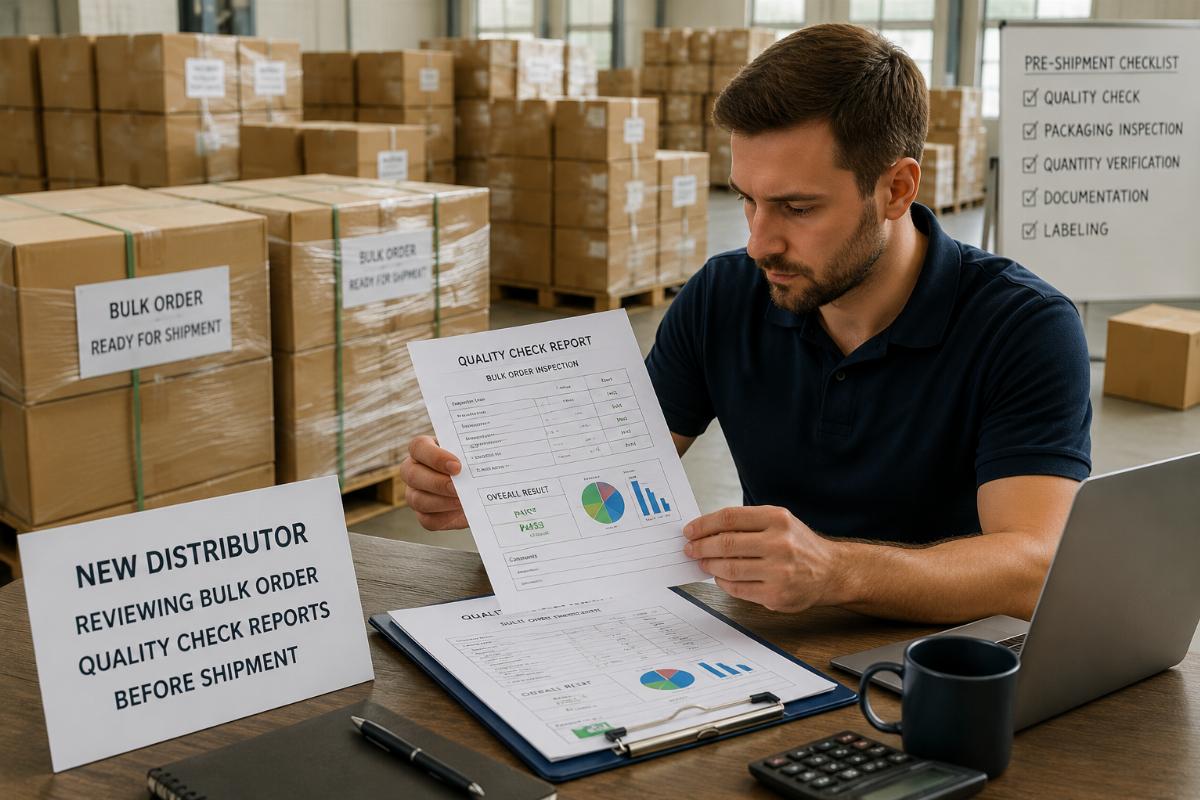 New distributor reviewing bulk order quality check reports before shipment