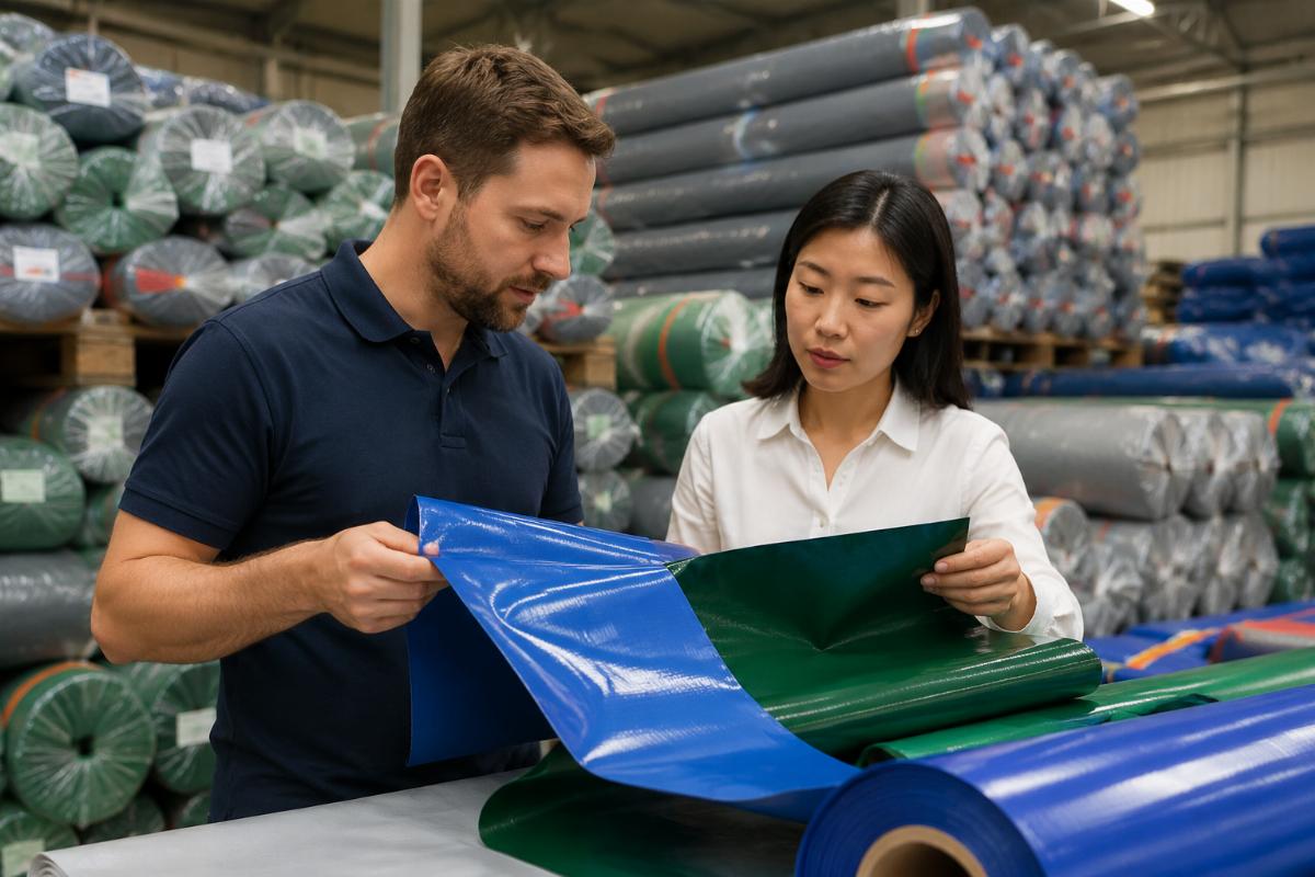 New PVC tarpaulin distributor reviewing test order samples in a warehouse