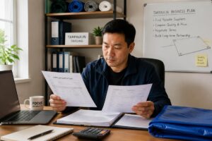New tarpaulin trader reviewing supplier documents in a home office