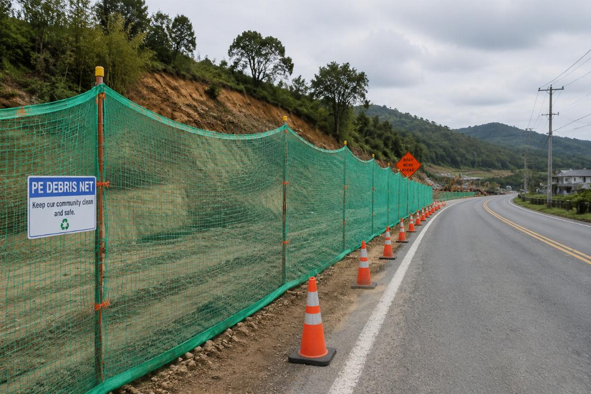 PE debris net installed along a rural road construction zone