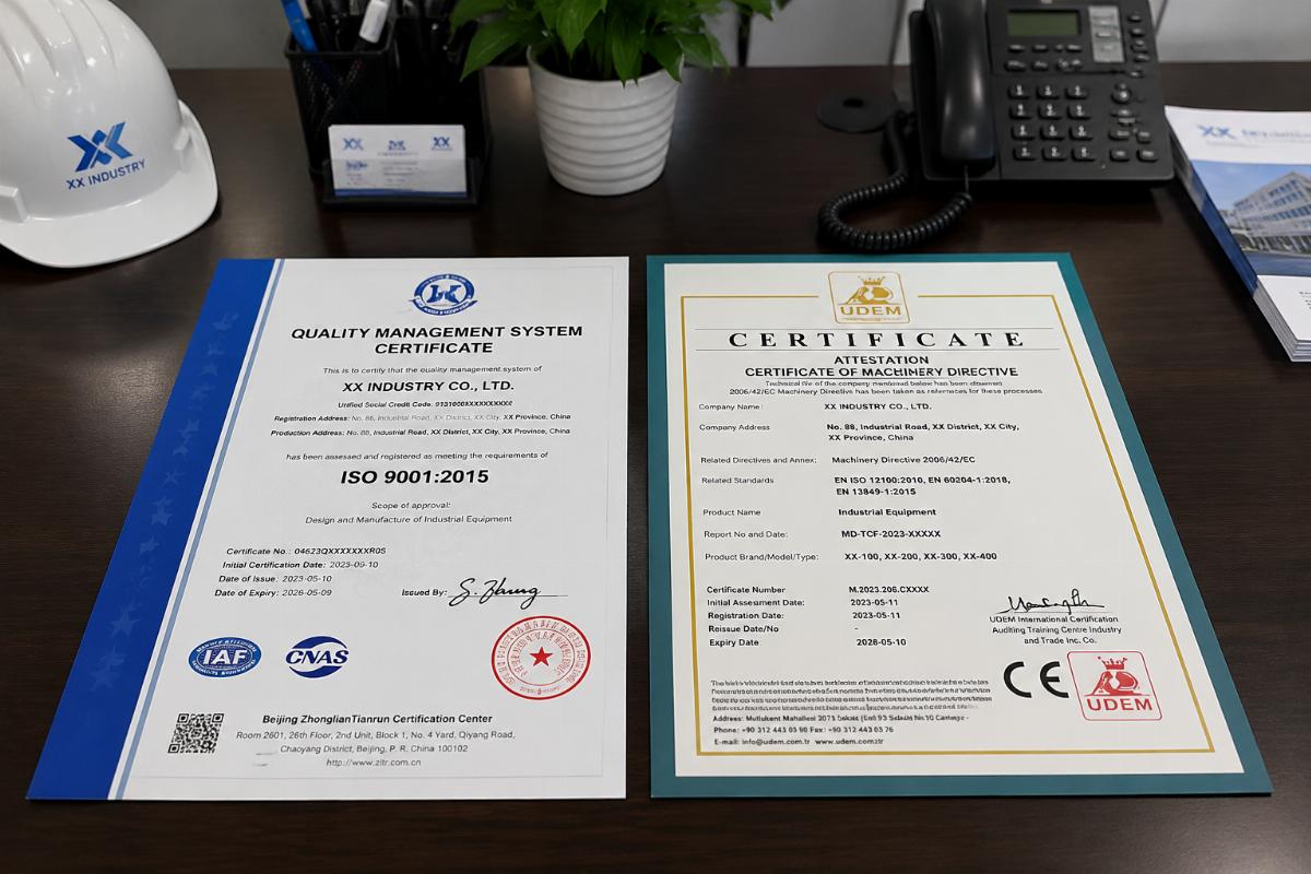 Physical copies of ISO and CE certificates laid out on a factory office desk
