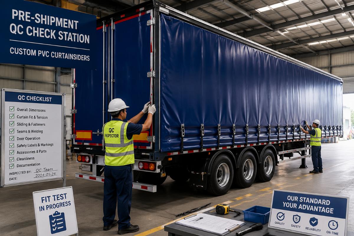Pre-shipment QC check station for custom PVC curtainsiders, showing fit testing on a semi-trailer frame