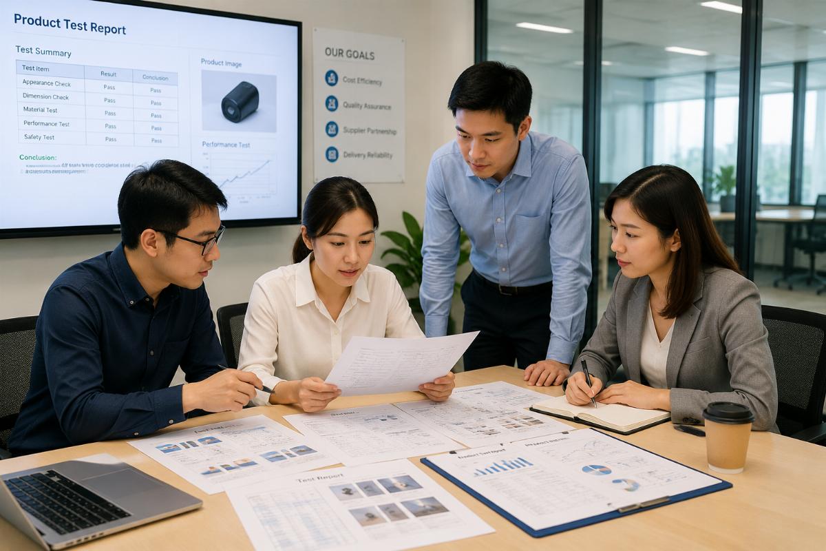 Procurement team reviewing product test reports in an office