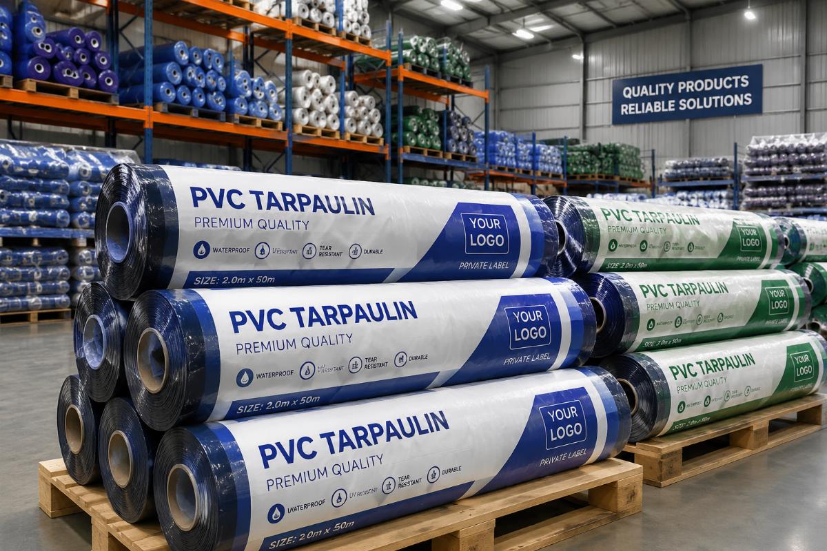 PVC tarpaulin roll stock with private label packaging at a distribution warehouse