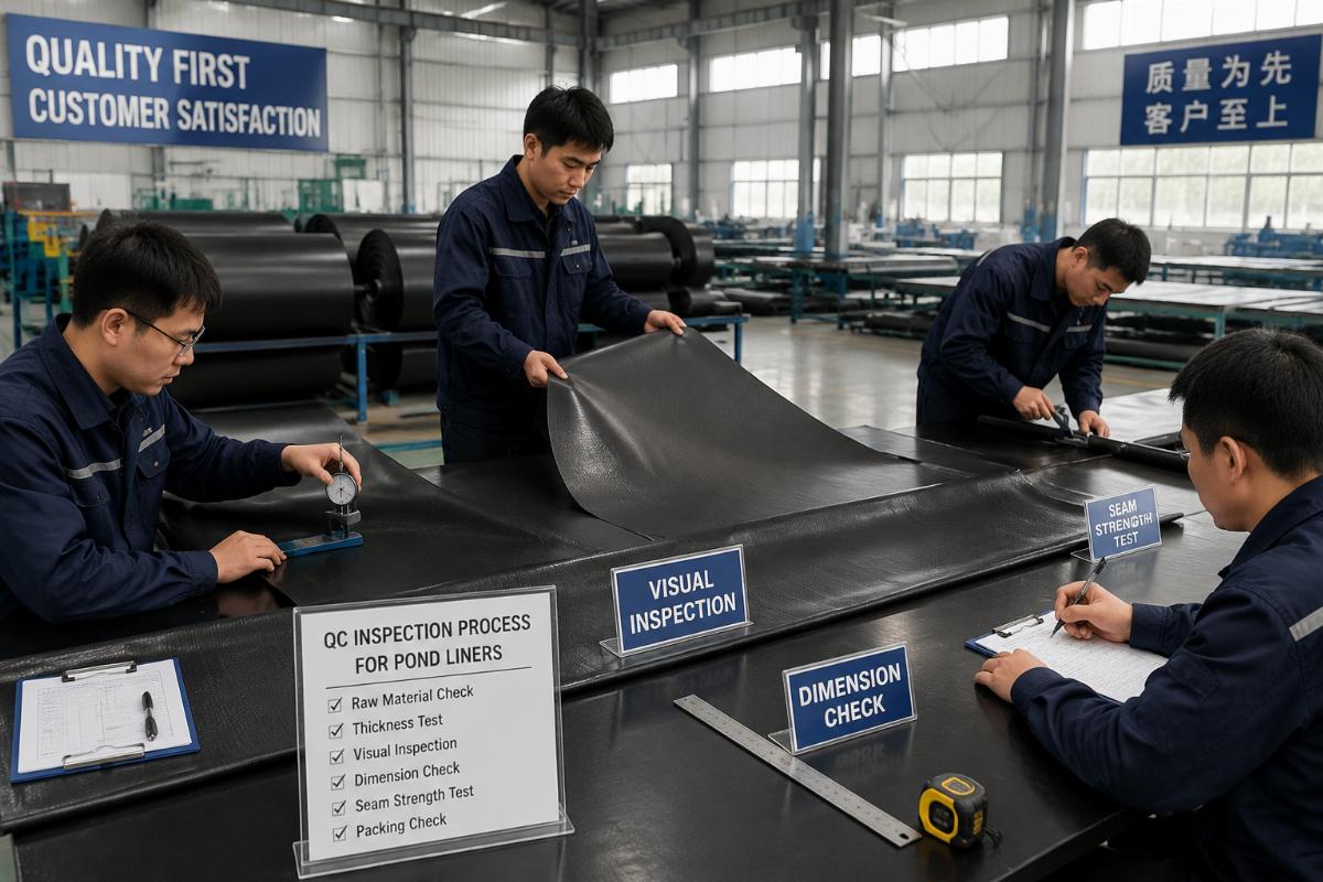 QC inspection process for pond liners at a Chinese manufacturing facility