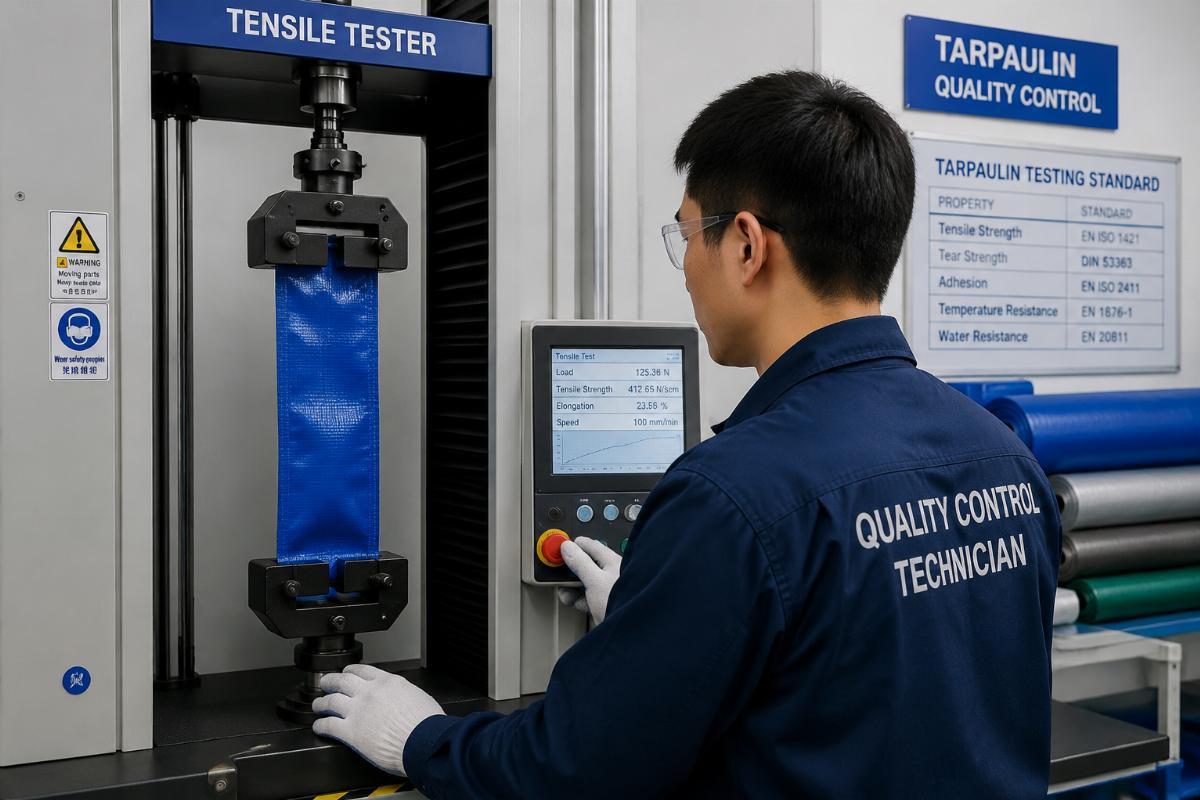 Quality control technician testing tarpaulin material strength in a factory lab