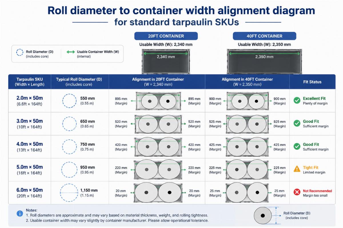 Roll diameter to container width alignment diagram for standard tarpaulin SKUs