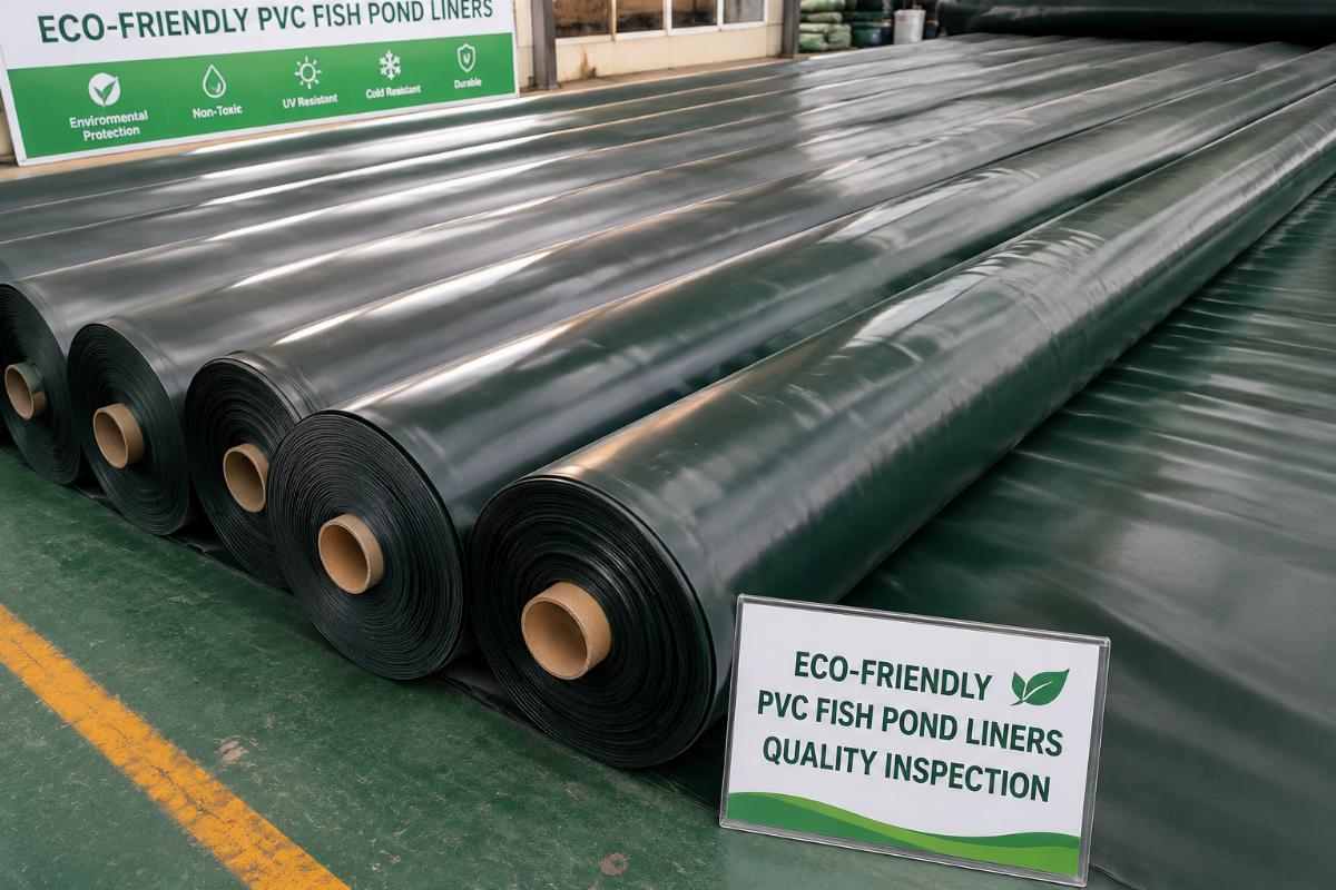 Rolls of eco-friendly PVC fish pond liners laid out for quality inspection