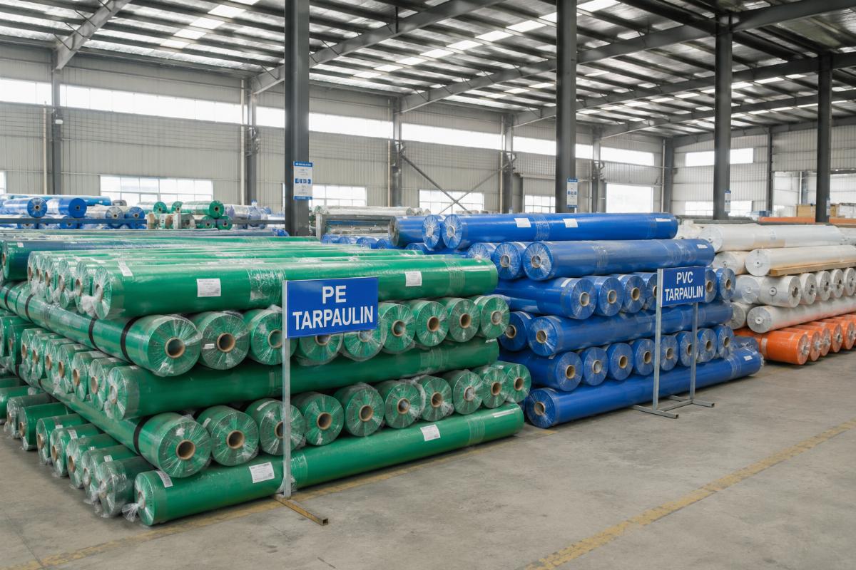 Rolls of PE and PVC tarpaulin stored in a factory warehouse