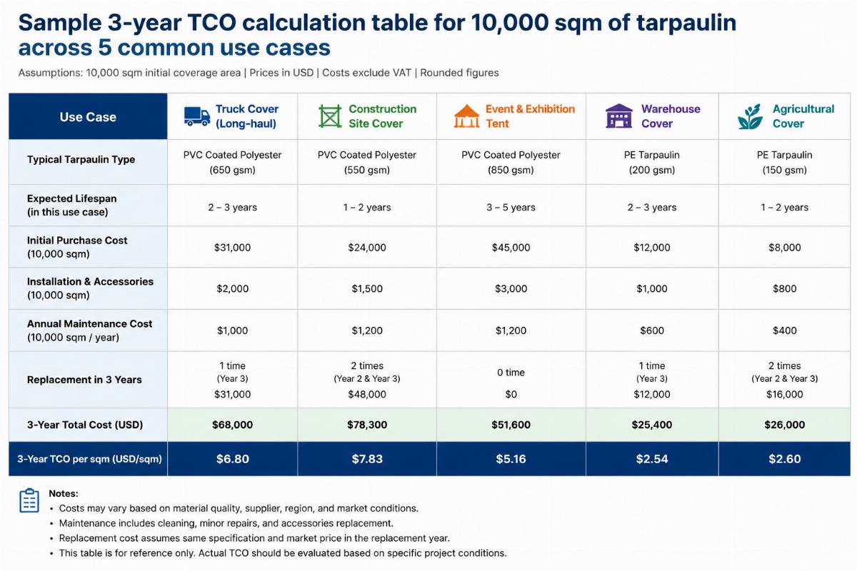 Sample 3-year TCO calculation table for 10,000 sqm of tarpaulin across 5 common use cases