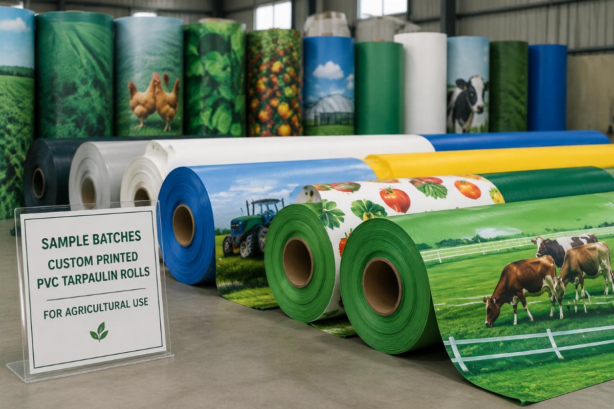 Sample batches of custom printed PVC tarpaulin rolls for agricultural use