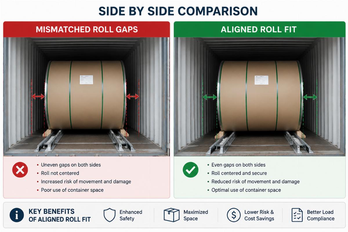 Side by side comparison of a container with mismatched roll gaps vs aligned roll fit