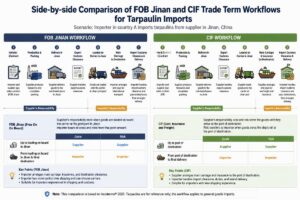Side-by-side comparison of FOB Jinan and CIF trade term workflows for tarpaulin imports