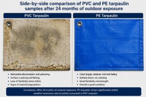 Side-by-side comparison of PVC and PE tarpaulin samples after 24 months of outdoor exposure
