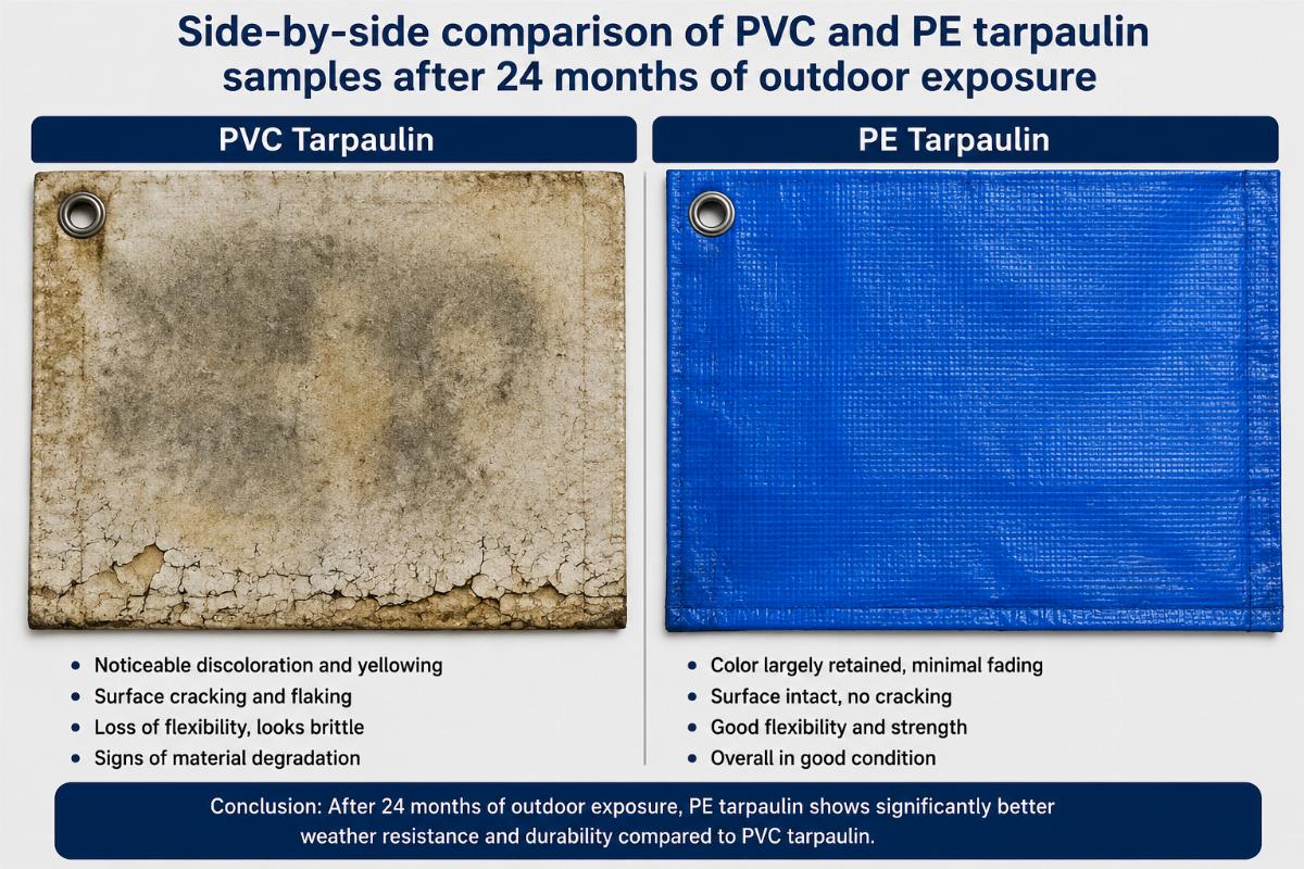 Side-by-side comparison of PVC and PE tarpaulin samples after 24 months of outdoor exposure