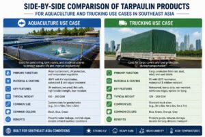 Side-by-side comparison of tarpaulin products for aquaculture and trucking use cases in Southeast Asia