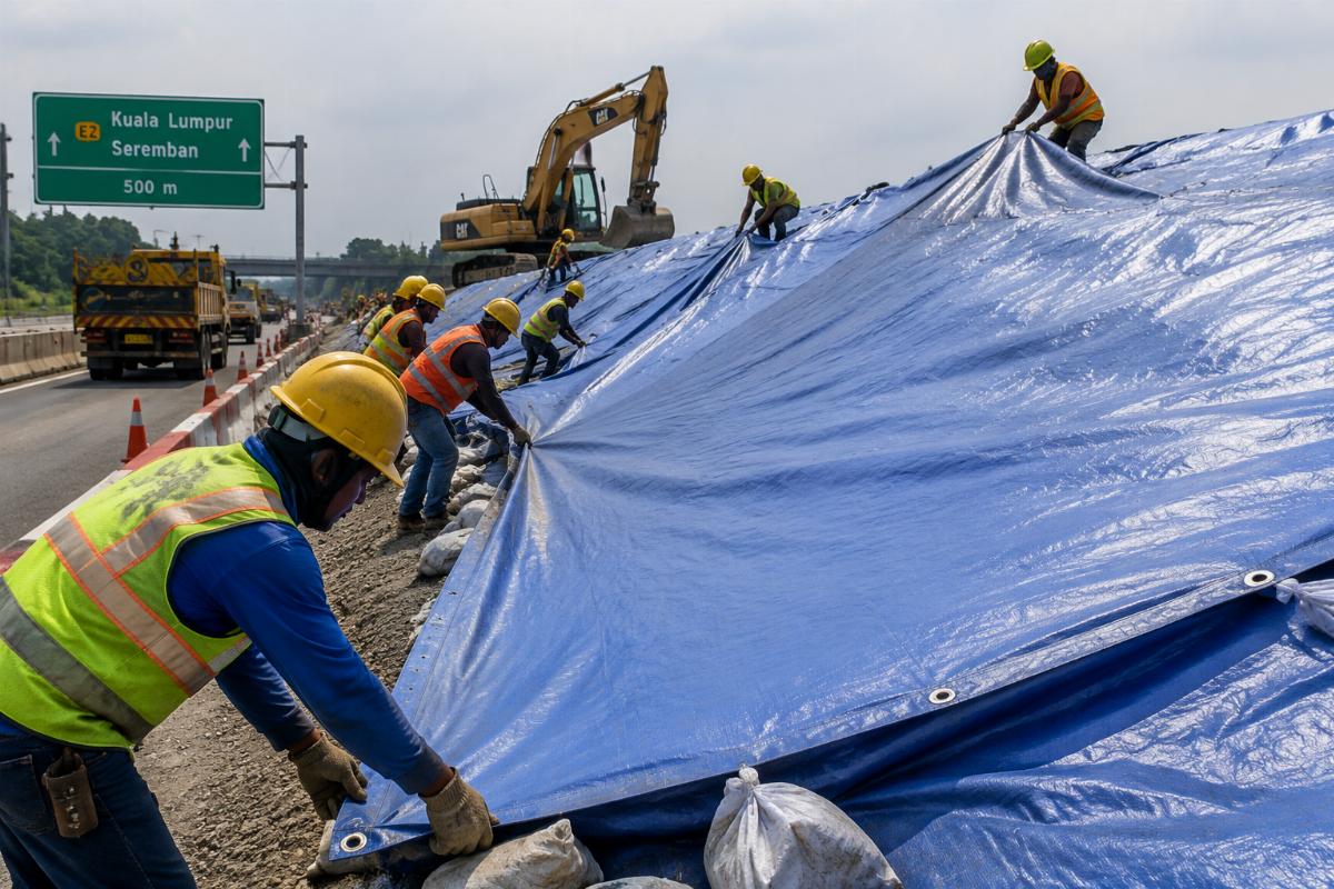 Site workers installing heavy-duty tarpaulin covers on a highway construction project