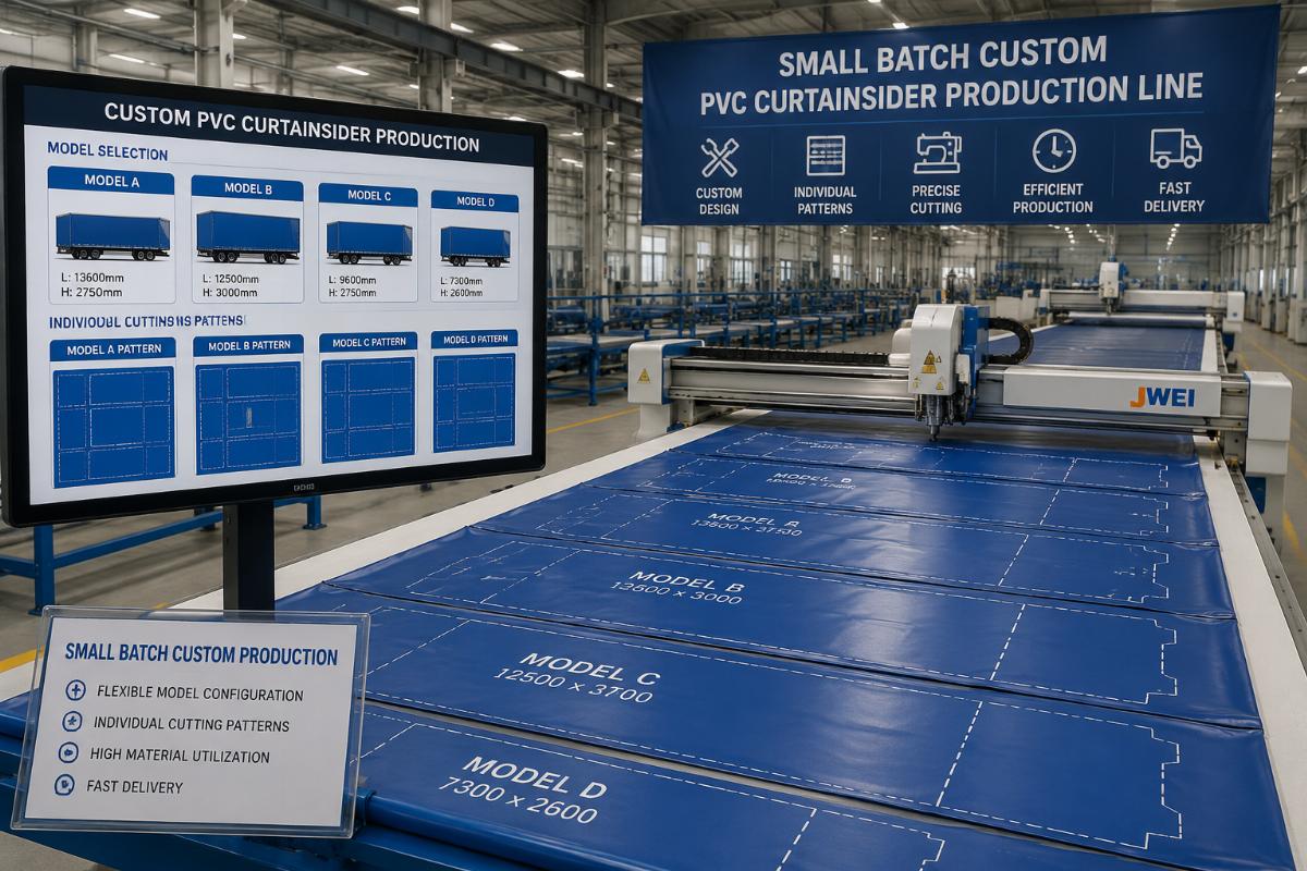 Small batch custom PVC curtainsider production line showing individual model-specific cutting patterns