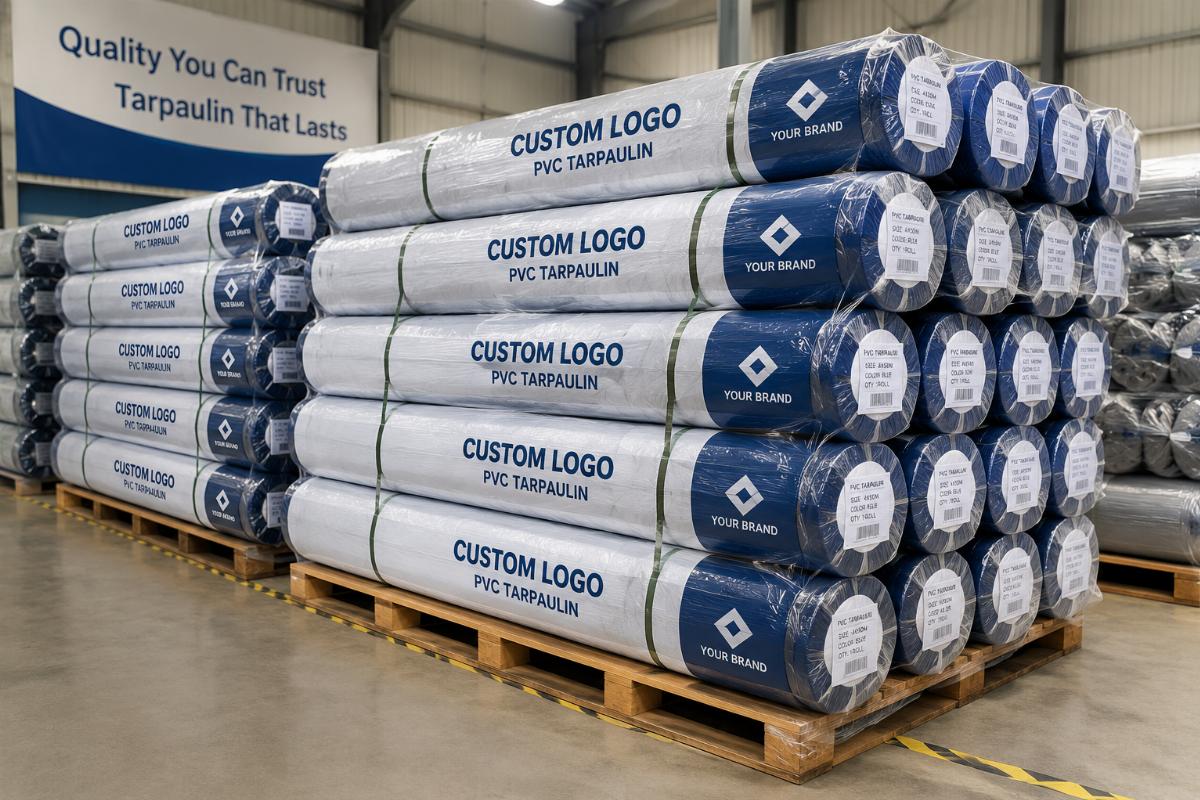 Stacks of finished private label tarpaulin rolls ready for shipping with custom packaging