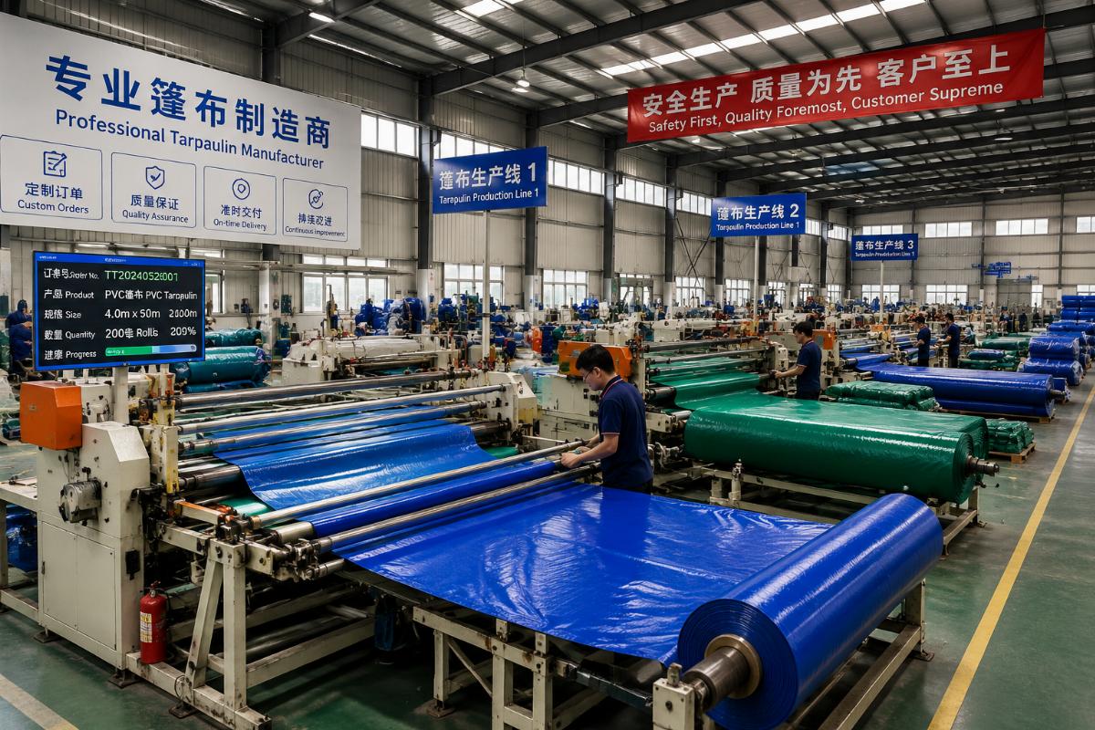 Tarpaulin production lines running custom order batches in a China manufacturing facility