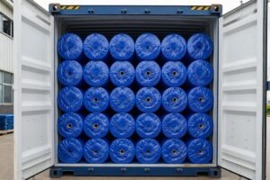 Tarpaulin rolls neatly stacked in a 40HQ container with minimal dead space