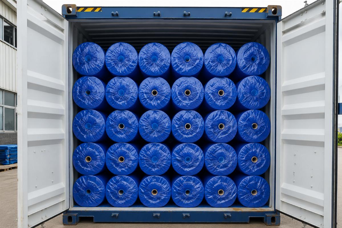 Tarpaulin rolls neatly stacked in a 40HQ container with minimal dead space
