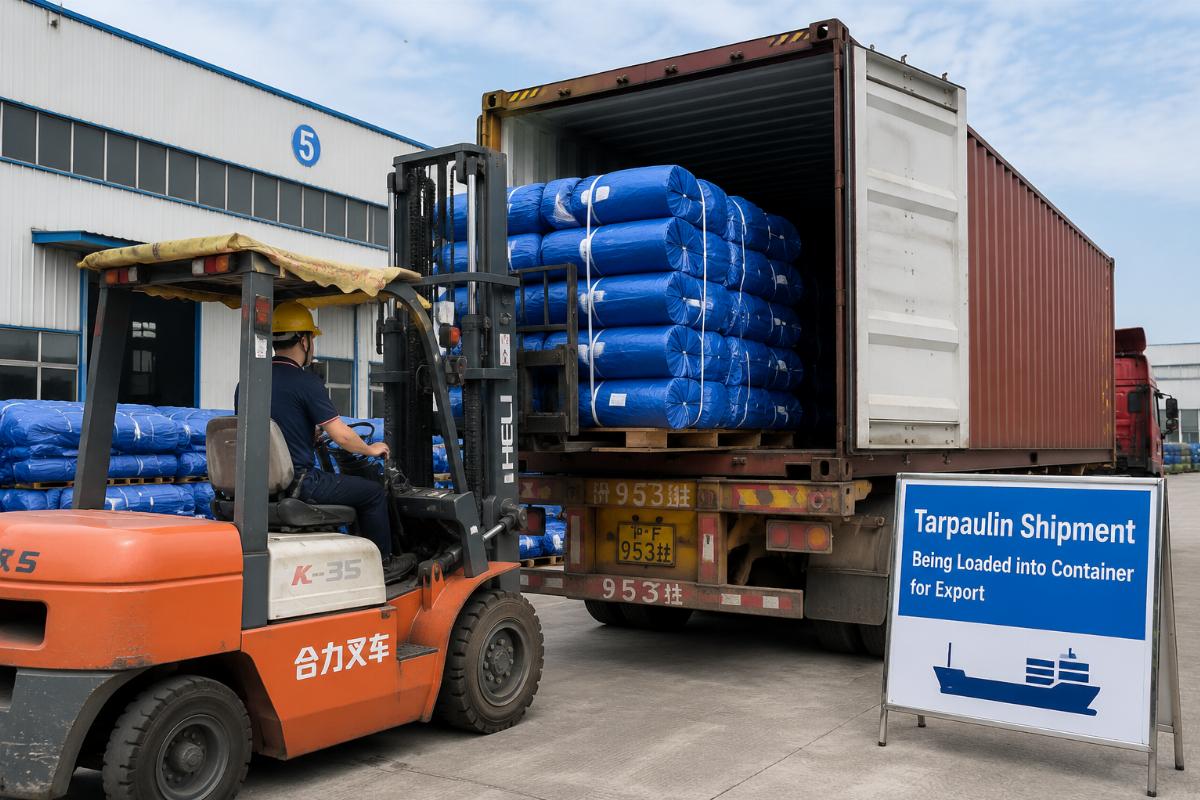 Tarpaulin shipment being loaded into a container for export