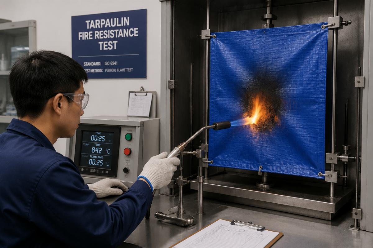 Technician testing tarpaulin fire resistance in a lab