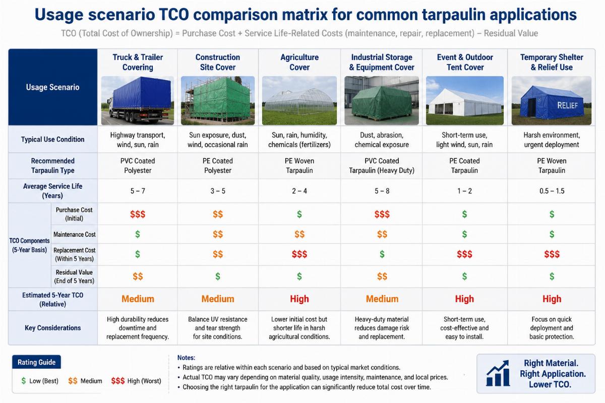 Usage scenario TCO comparison matrix for common tarpaulin applications