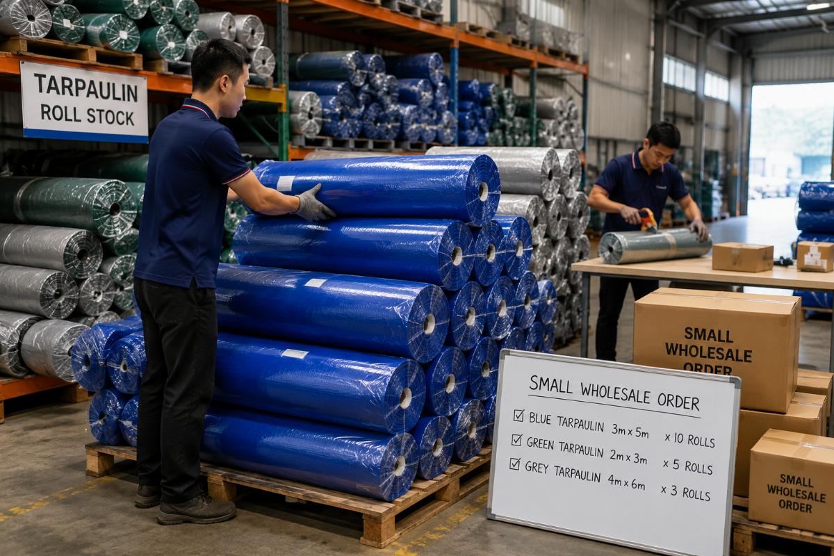 Warehouse staff stacking tarpaulin roll inventory for small wholesale orders