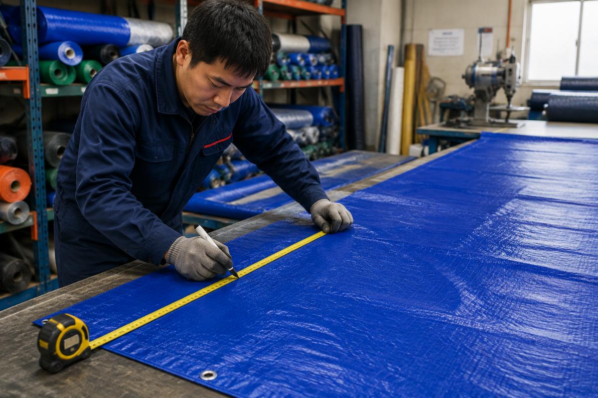 Worker measuring cut tarpaulin material to custom dimensions