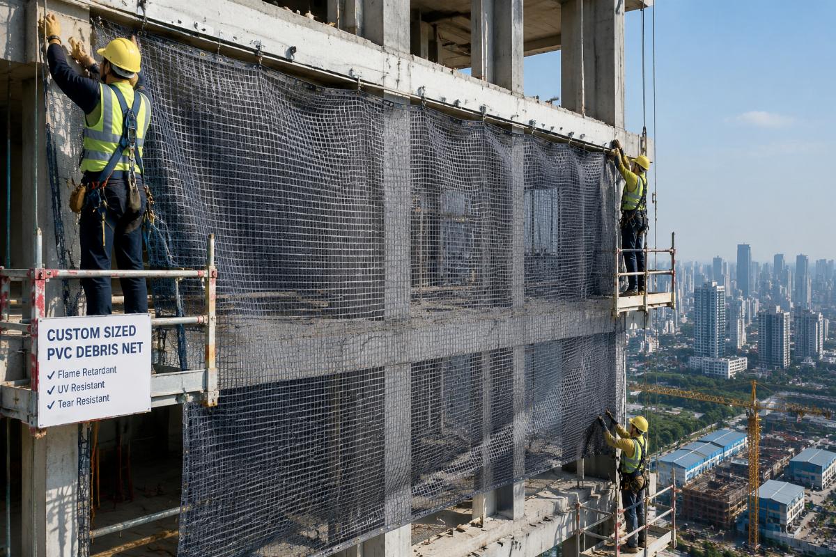 Workers installing custom sized PVC debris net on a high-rise construction facade